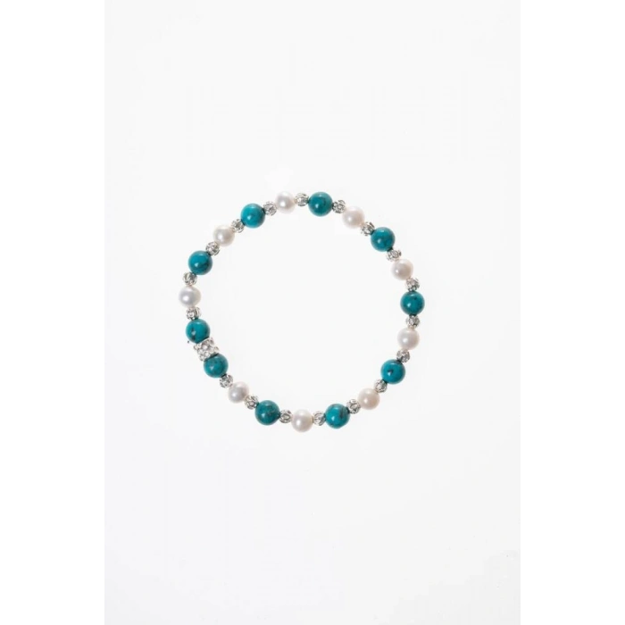 Sertifikalı Turkuaz-İnci Gümüş Aparat Doğal Taş Bileklik 6mm 039