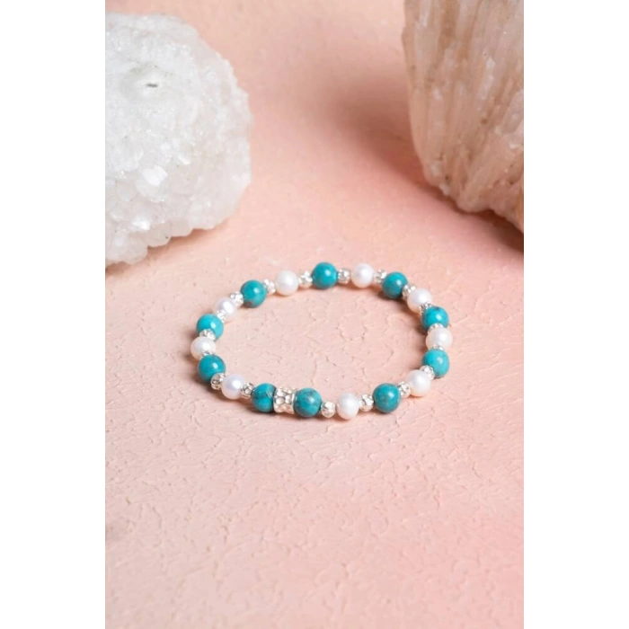 Sertifikalı Turkuaz-İnci Gümüş Aparat Doğal Taş Bileklik 6mm 039