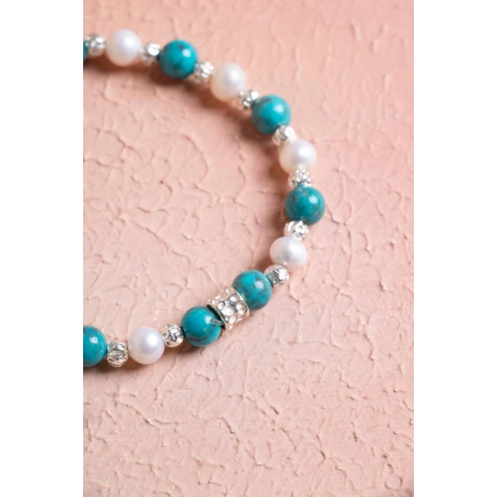Sertifikalı Turkuaz-İnci Gümüş Aparat Doğal Taş Bileklik 6mm 039