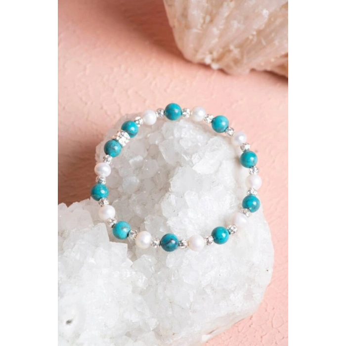 Sertifikalı Turkuaz-İnci Gümüş Aparat Doğal Taş Bileklik 6mm 039