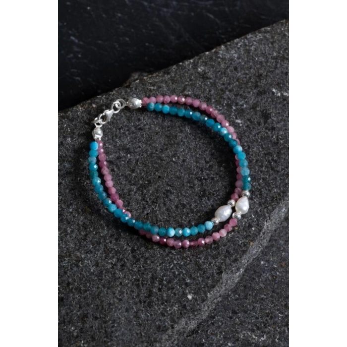 Sertifikalı Turmalin, Apatit, İnci Doğal Taş Bileklik