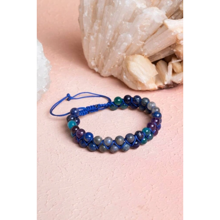 Sertifikalı Üçüncü Göz Çakra Çift Sıra Doğal Taş Makrome Bileklik