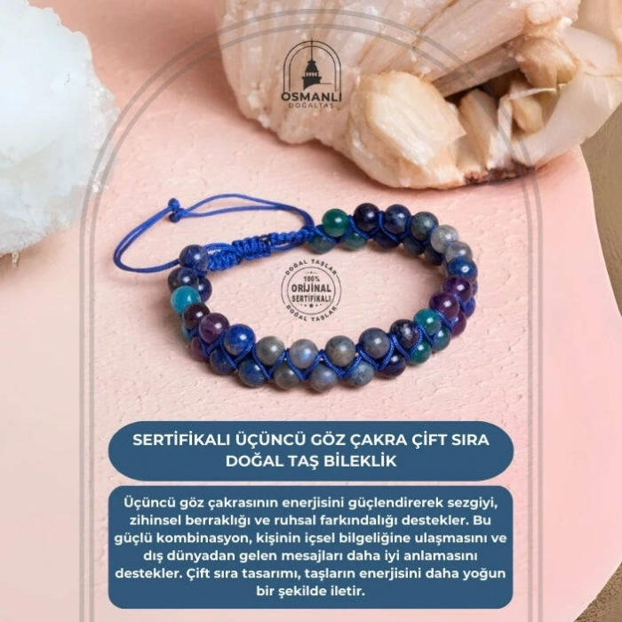 Sertifikalı Üçüncü Göz Çakra Çift Sıra Doğal Taş Makrome Bileklik