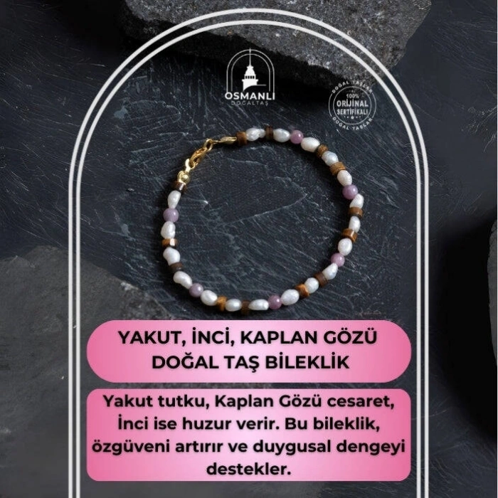 Sertifikalı Yakut, İnci, Kaplan Gözü Gümüş Kapama Doğal Taş Bileklik