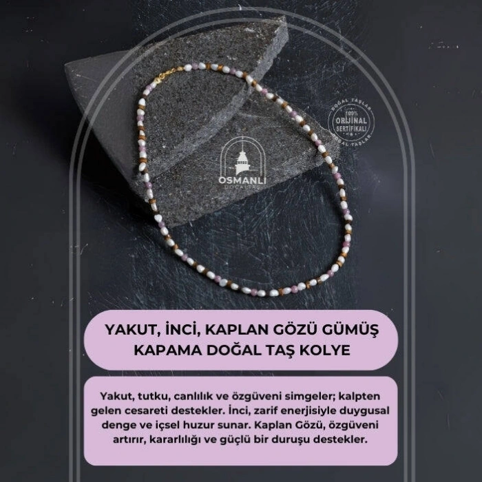 Sertifikalı Yakut, İnci, Kaplan Gözü Gümüş Kapama Doğal Taş Kolye