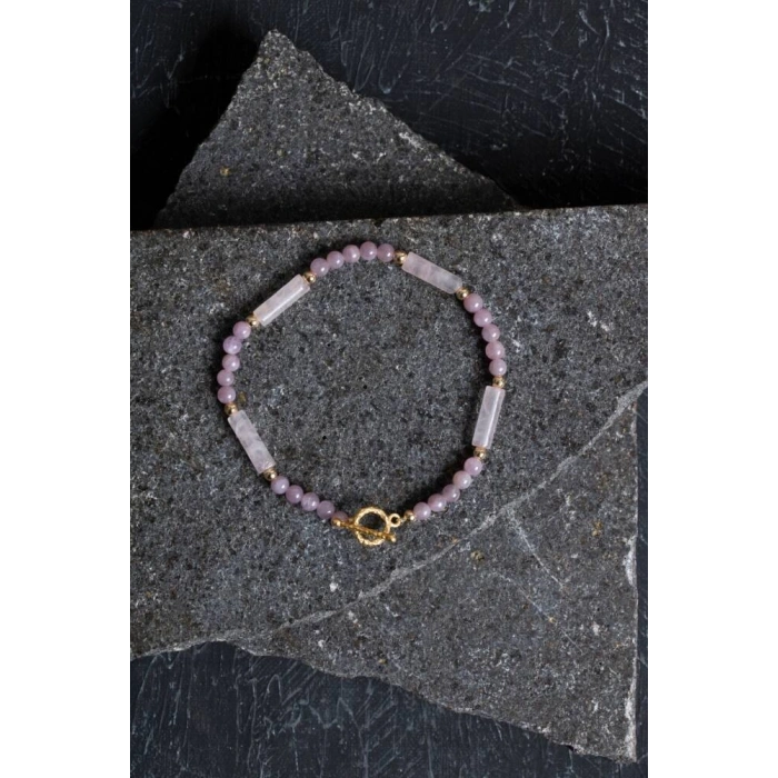 Sertifikalı Yakut, Pembe Kuvars Altın Kaplama Gümüş Kapama Bileklik