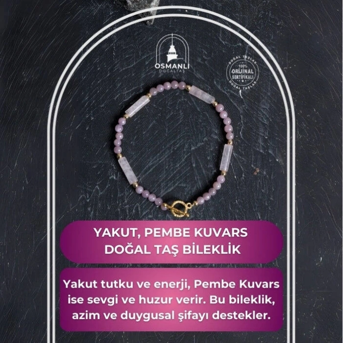 Sertifikalı Yakut, Pembe Kuvars Altın Kaplama Gümüş Kapama Bileklik