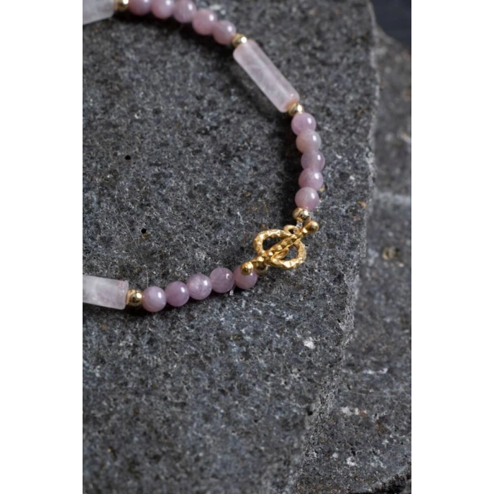 Sertifikalı Yakut, Pembe Kuvars Altın Kaplama Gümüş Kapama Bileklik