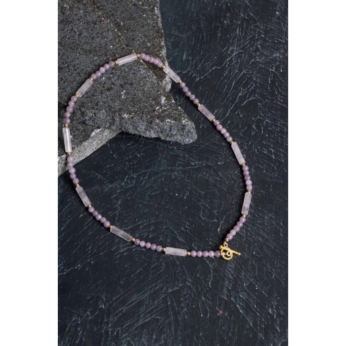 Sertifikalı Yakut, Pembe Kuvars Altın Kaplama Gümüş Kapama Kolye