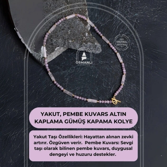 Sertifikalı Yakut, Pembe Kuvars Altın Kaplama Gümüş Kapama Kolye