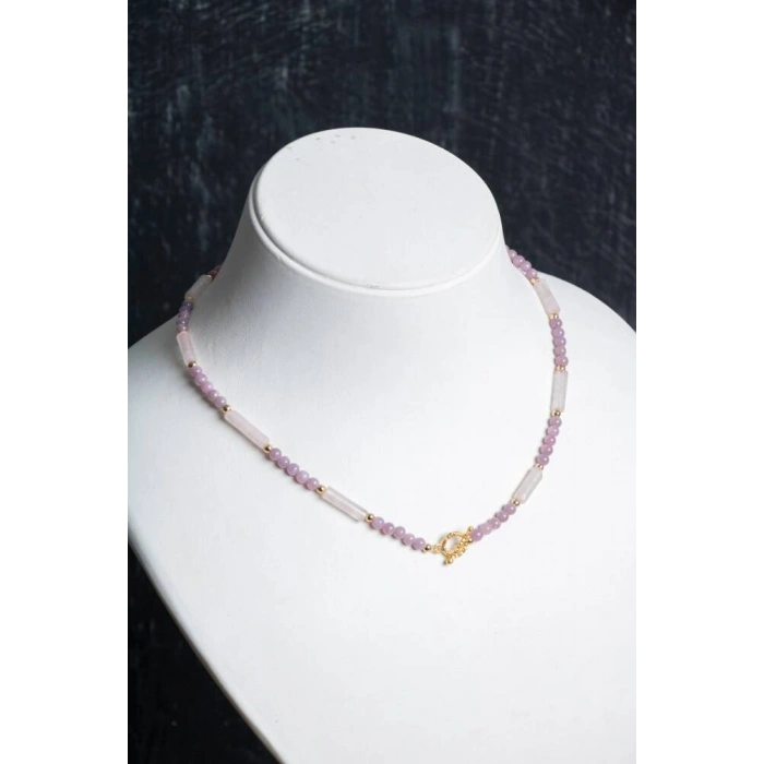 Sertifikalı Yakut, Pembe Kuvars Altın Kaplama Gümüş Kapama Kolye
