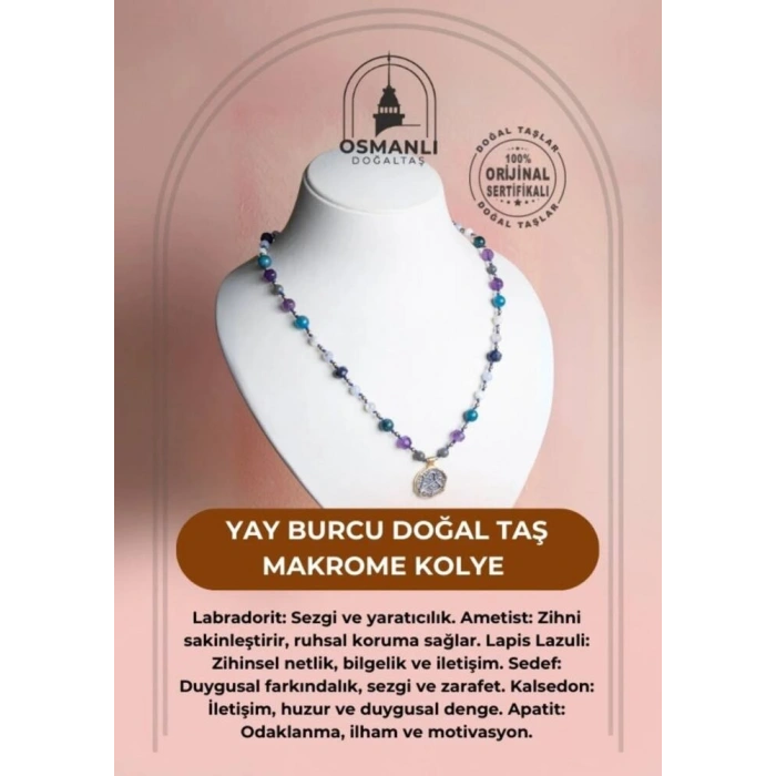 Sertifikalı Yay Burcu Doğal Taş Makrome Kolye