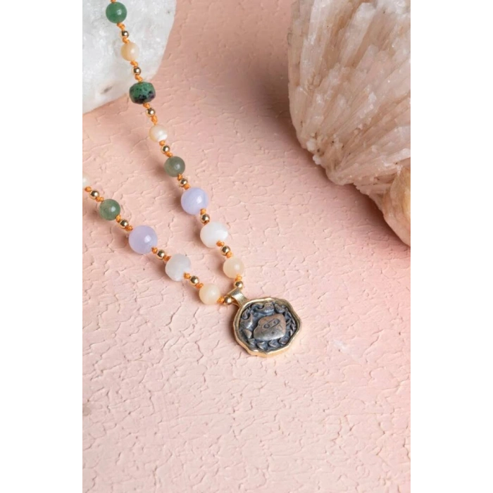 Sertifikalı Yengeç Burcu Doğal Taş Makrome Kolye