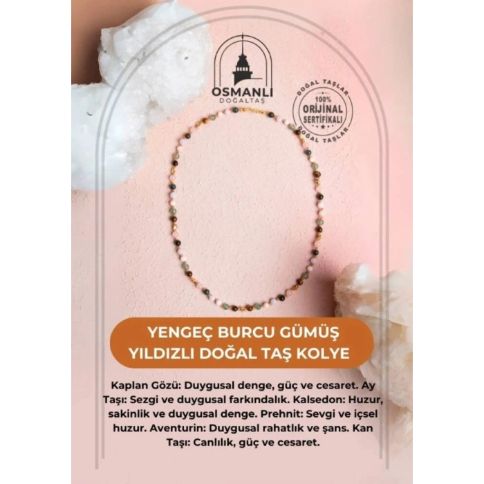 Sertifikalı Yengeç Burcu Gümüş Yıldızlı Doğal Taş Kolye