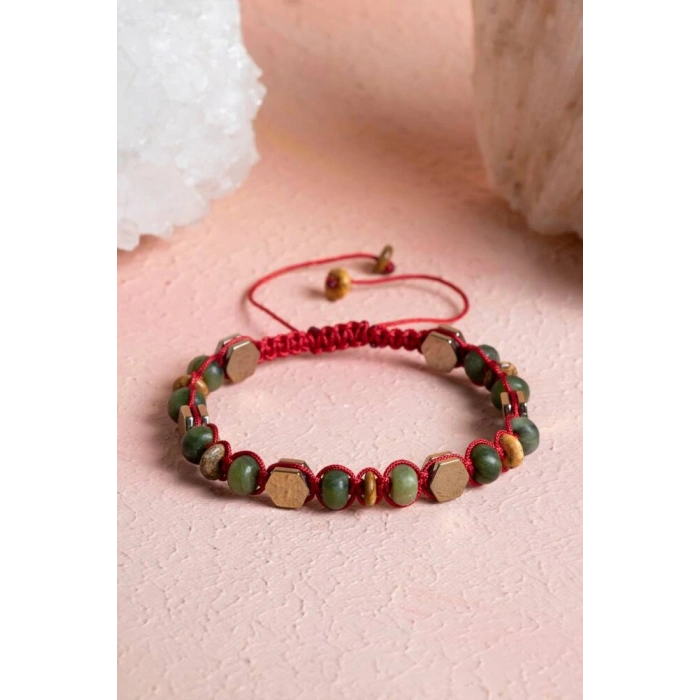 Sertifikalı Yeşim, Jasper, Hematit Doğal Taş Makrome Bileklik (SK:073)