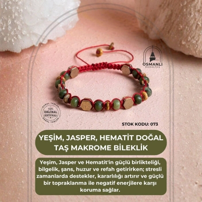Sertifikalı Yeşim, Jasper, Hematit Doğal Taş Makrome Bileklik (SK:073)