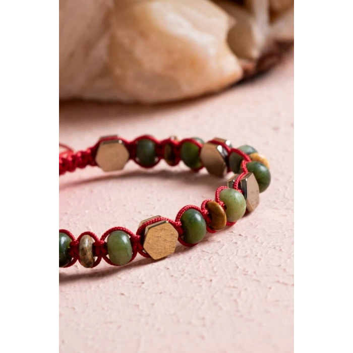 Sertifikalı Yeşim, Jasper, Hematit Doğal Taş Makrome Bileklik (SK:073)