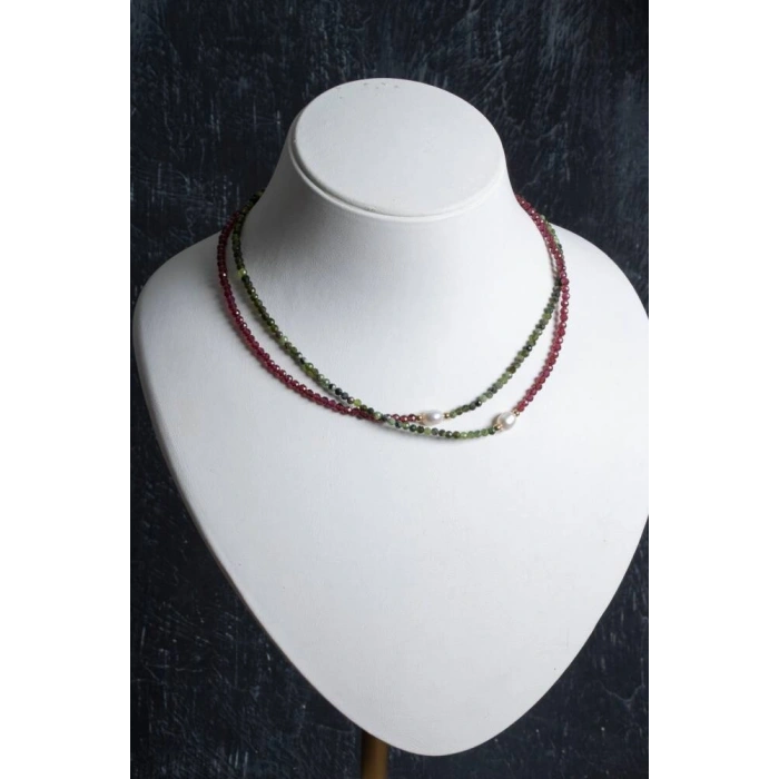 Sertifikalı Yeşim, Lal, İnci Fasetli Doğal Taş Kolye