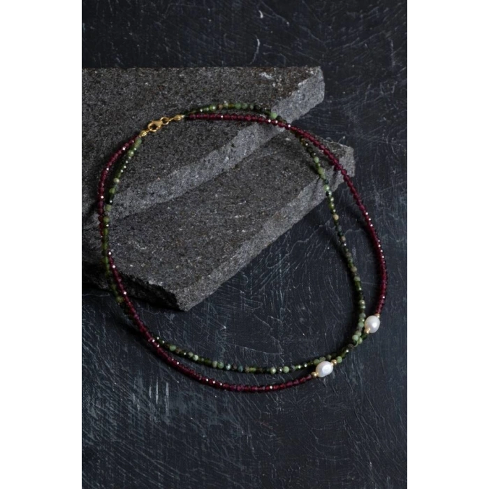 Sertifikalı Yeşim, Lal, İnci Fasetli Doğal Taş Kolye