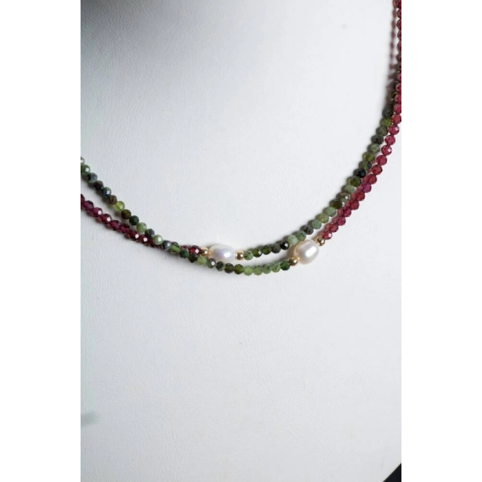 Sertifikalı Yeşim, Lal, İnci Fasetli Doğal Taş Kolye