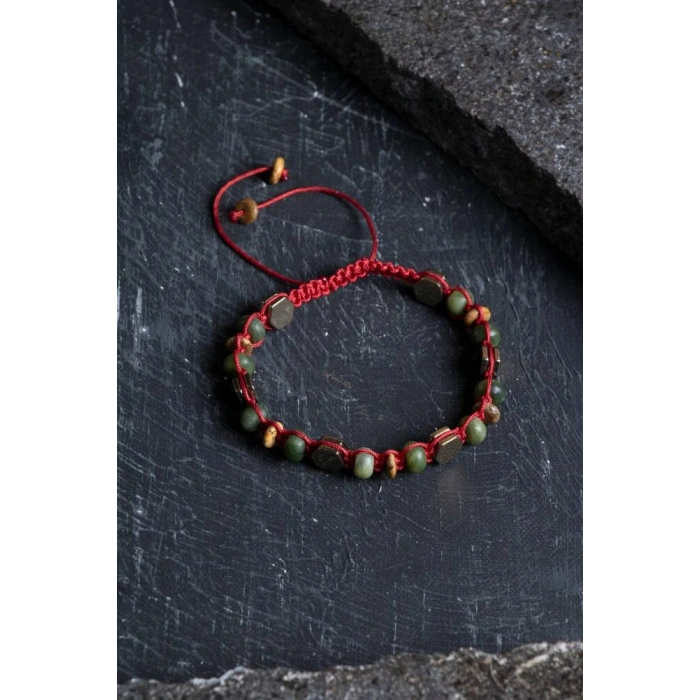 Sertifikalı Yeşim, Odun Jasper ve Hematit Doğal Taş Makrome Bileklik (SK:156)