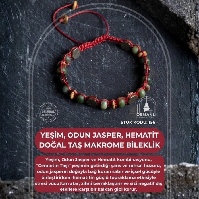 Sertifikalı Yeşim, Odun Jasper ve Hematit Doğal Taş Makrome Bileklik (SK:156)