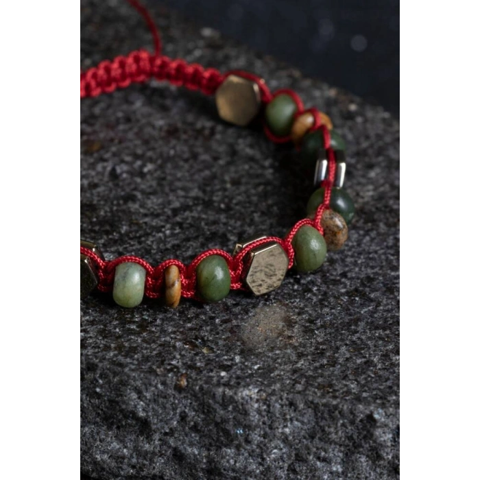 Sertifikalı Yeşim, Odun Jasper ve Hematit Doğal Taş Makrome Bileklik (SK:156)