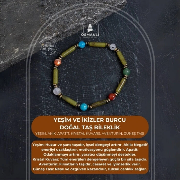 Sertifikalı Yeşim ve İkizler Burcu Doğal Taş Bileklik