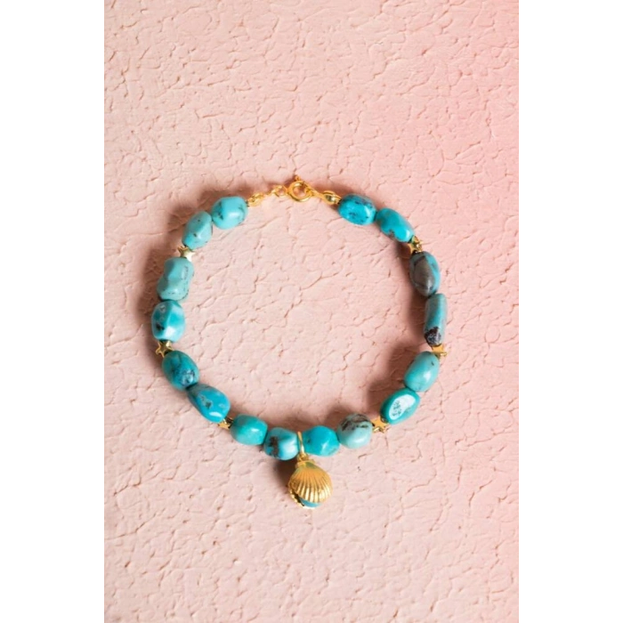 Sertifikalı Yıldız ve Deniz Kabuk Gümüş Aparatlı Firuze(Turkuaz)Doğal Taş Bileklik (SK:031)