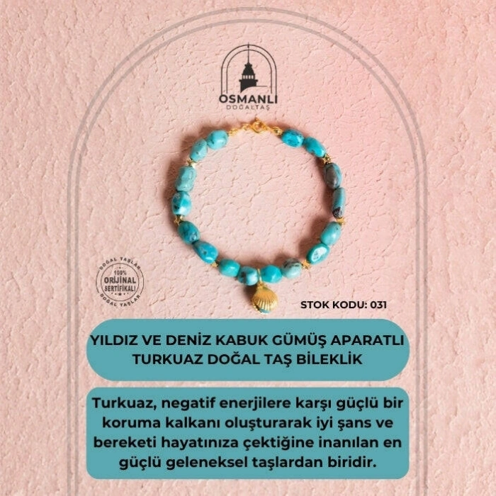 Sertifikalı Yıldız ve Deniz Kabuk Gümüş Aparatlı Firuze(Turkuaz)Doğal Taş Bileklik (SK:031)