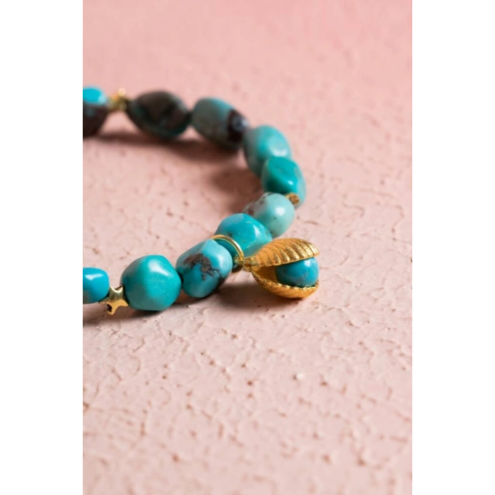 Sertifikalı Yıldız ve Deniz Kabuk Gümüş Aparatlı Firuze(Turkuaz)Doğal Taş Bileklik (SK:031)