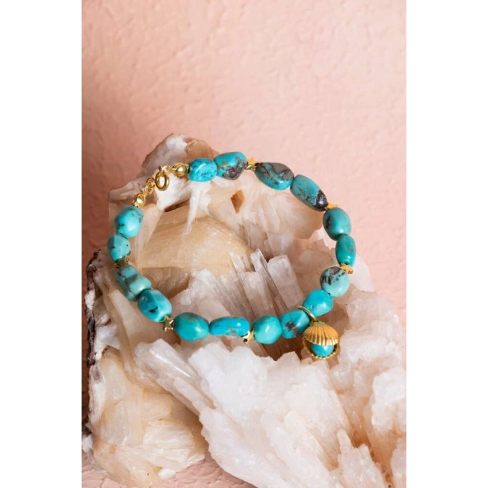 Sertifikalı Yıldız ve Deniz Kabuk Gümüş Aparatlı Firuze(Turkuaz)Doğal Taş Bileklik (SK:031)