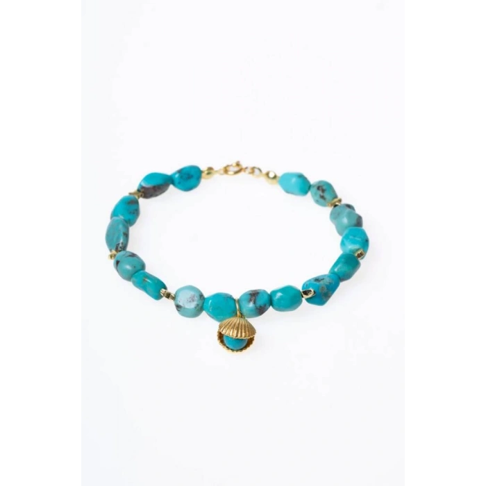 Sertifikalı Yıldız ve Deniz Kabuk Gümüş Aparatlı Firuze(Turkuaz)Doğal Taş Bileklik (SK:031)