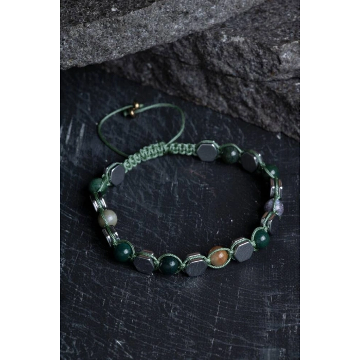 Sertifikalı Yosunlu Akik, Hematit Doğal Taş Makrome Bileklik