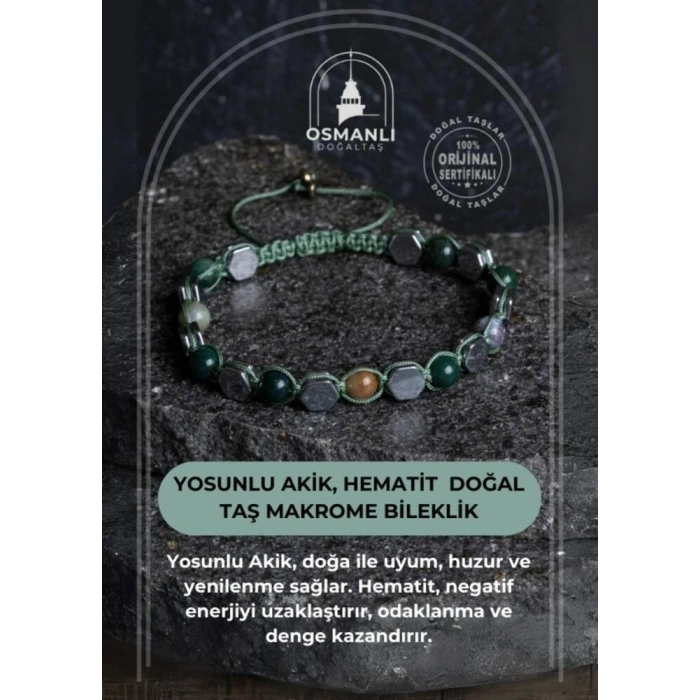 Sertifikalı Yosunlu Akik, Hematit Doğal Taş Makrome Bileklik