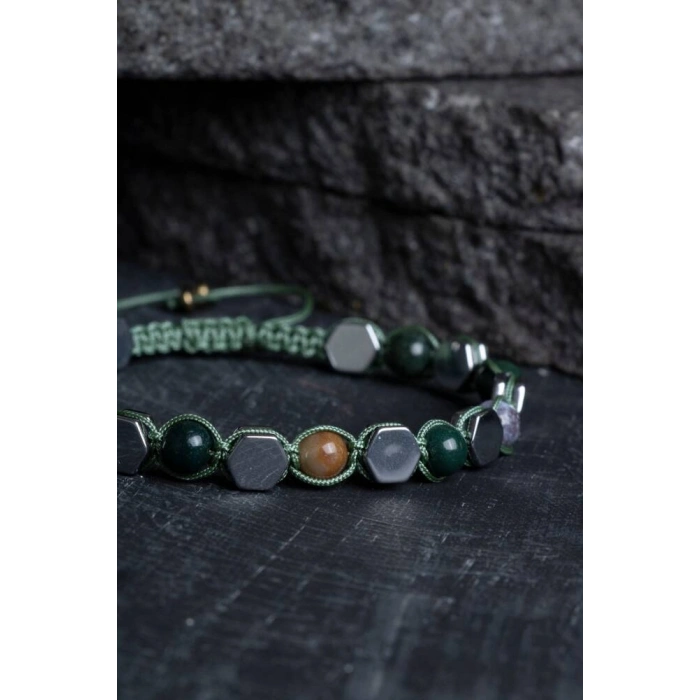 Sertifikalı Yosunlu Akik, Hematit Doğal Taş Makrome Bileklik