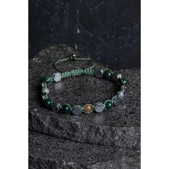 Sertifikalı Yosunlu Akik, Hematit Doğal Taş Makrome Bileklik