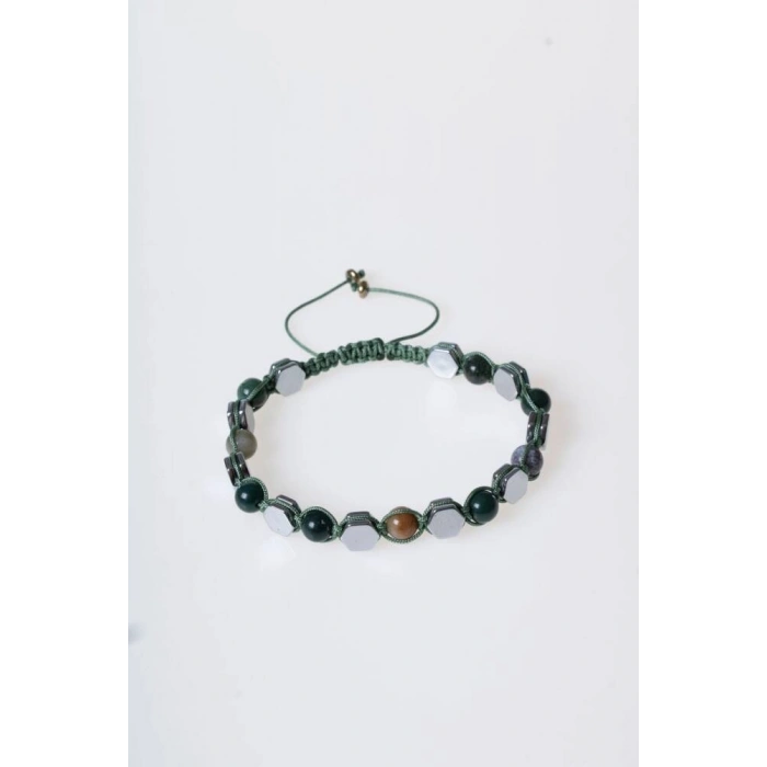 Sertifikalı Yosunlu Akik, Hematit Doğal Taş Makrome Bileklik