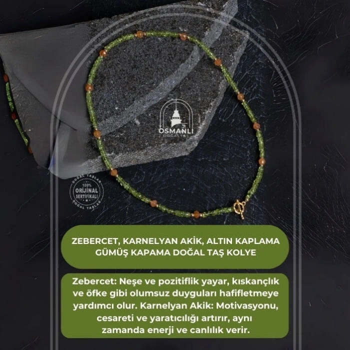 Sertifikalı Zebercet, Karnelyan Akik, Altın Kaplama Gümüş Kapama Doğal Taş Kolye