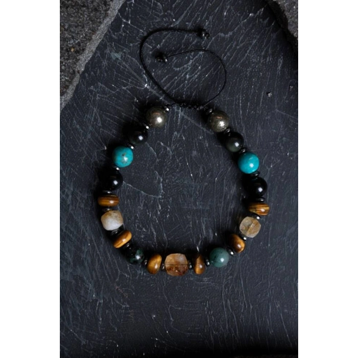 Sertifikalı Zümrüt Kaplan Gözü Pirit Sitrin Turkuaz Doğal Taş Bolluk ve Koruma Bilekliği S.K: 044