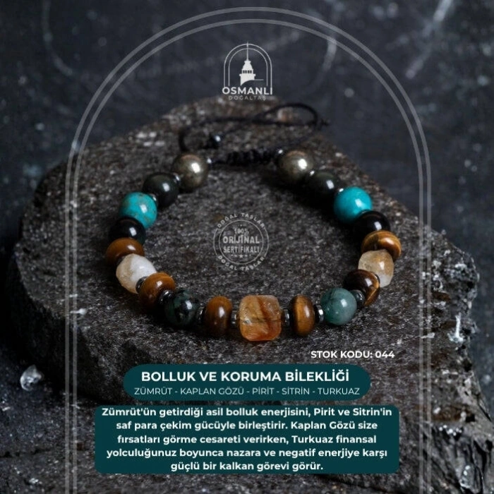 Sertifikalı Zümrüt Kaplan Gözü Pirit Sitrin Turkuaz Doğal Taş Bolluk ve Koruma Bilekliği S.K: 044