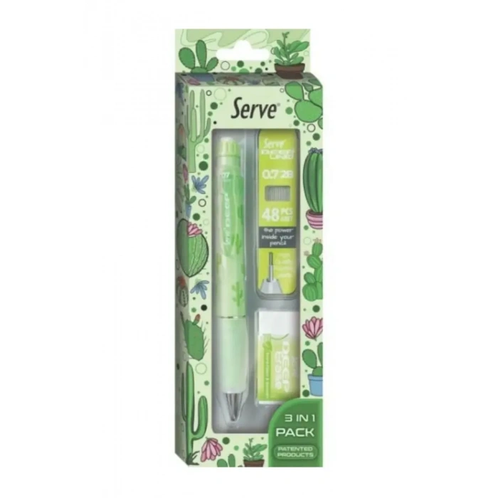Serve Deep Doğa Desenli Kaktüs Figürlü Yeşil Uçlu Kalem + Uç + Silgi 0.7mm 3 Lü Set