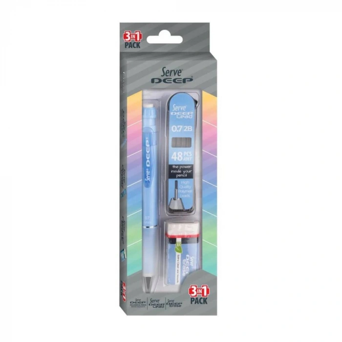 Serve Deep Mor Okul Seti Uçlu Kalem + Uç + Silgi 0.7mm 3 Lü Set