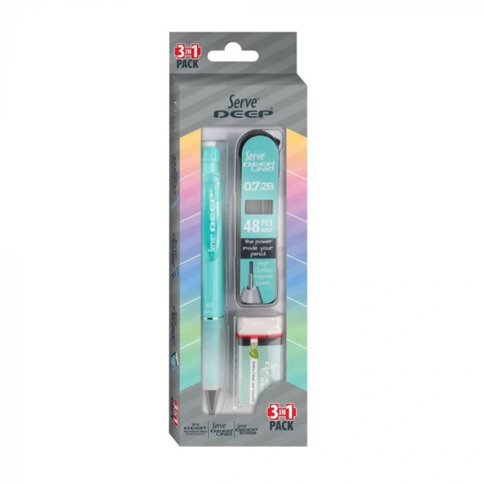 Serve Deep Su Yeşili Okul Seti Uçlu Kalem + Uç + Silgi 0.7mm 3 Lü Set
