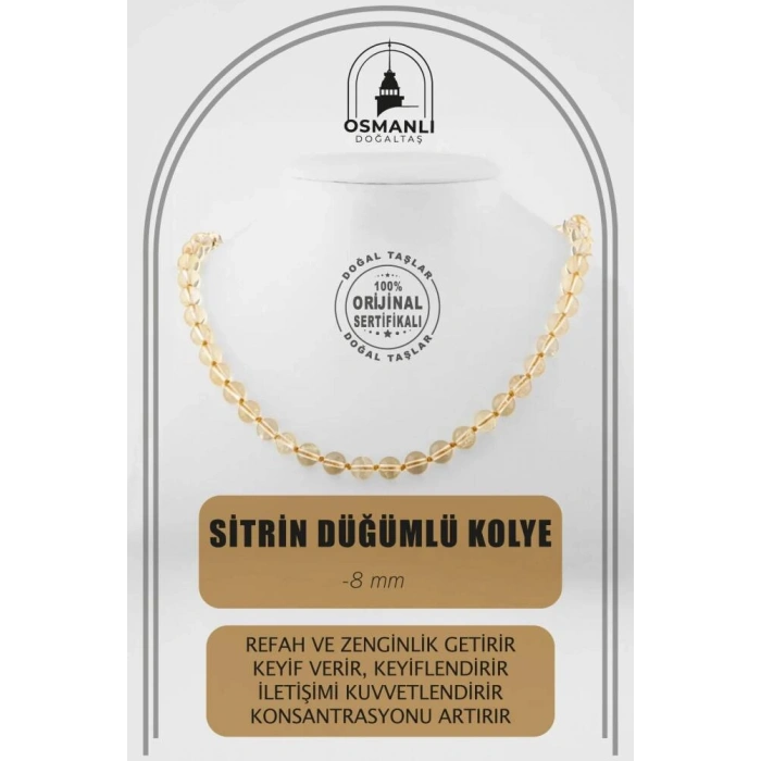 Sitrin 8 mm Düğümlü Doğal Taş Kolye