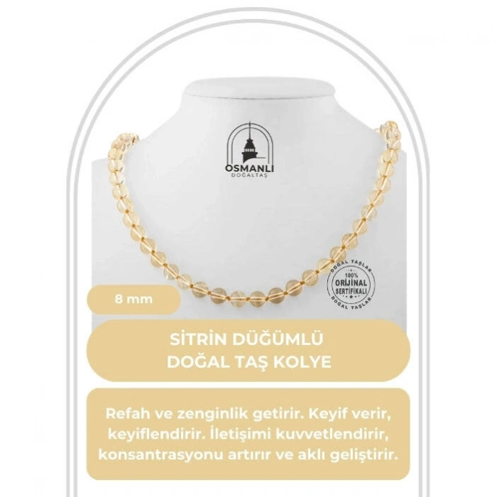 Sitrin 8 mm Düğümlü Doğal Taş Kolye