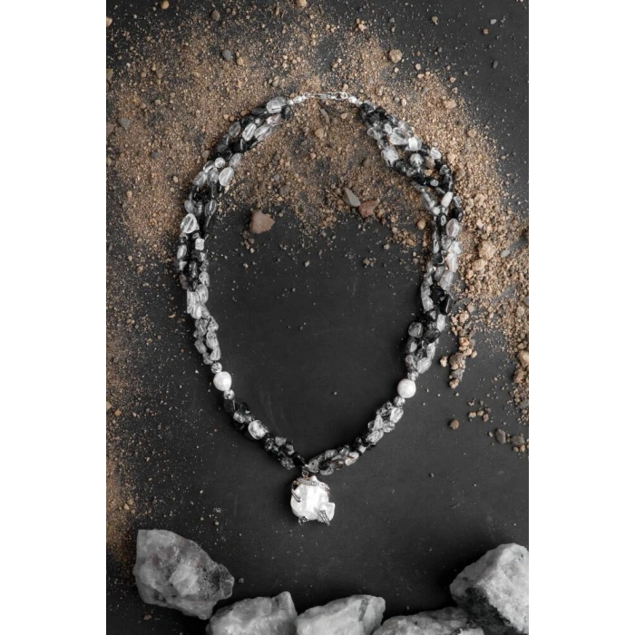 Siyah Asalet, Rutilli Kuvars İnci Doğal Taş Kolye