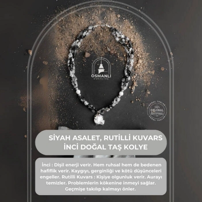 Siyah Asalet, Rutilli Kuvars İnci Doğal Taş Kolye