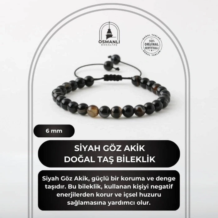 Siyah Göz Akik 6mm Merdiven Kapama Doğal Taş Bileklik