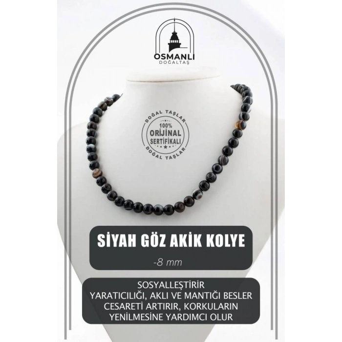Siyah Göz Akik 8 mm Dizi Doğal Taş Kolye